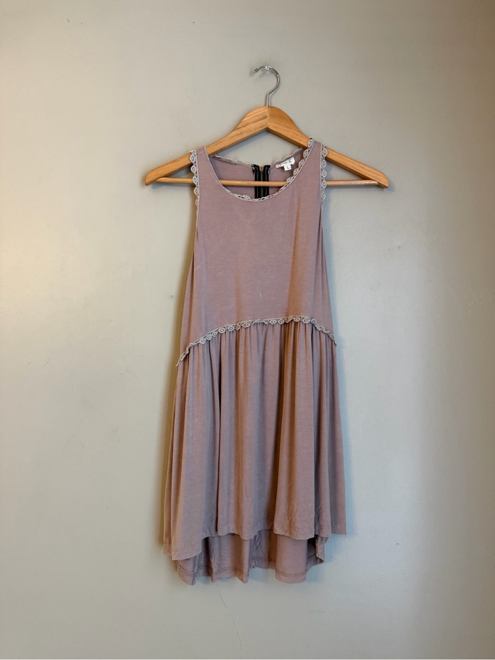 Pol Tunic Tank Top Tan Crochet Lace Trim Babydoll Sleeveless YE14 Large Bohemian